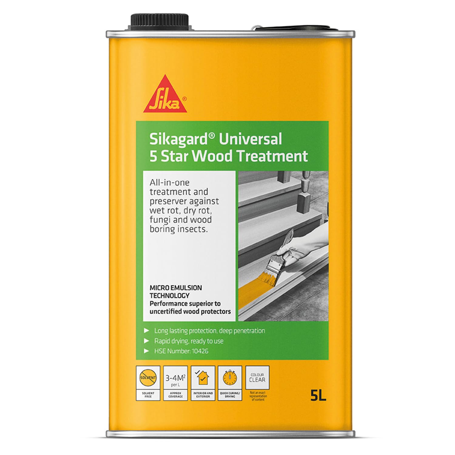 Sika Sikagard Universal 5 Star Wood Treatment – All-In-One Treatment For Wet Rot, Dry Rot, Fungi and Wood Boring Insects – Clear – 5 Litre