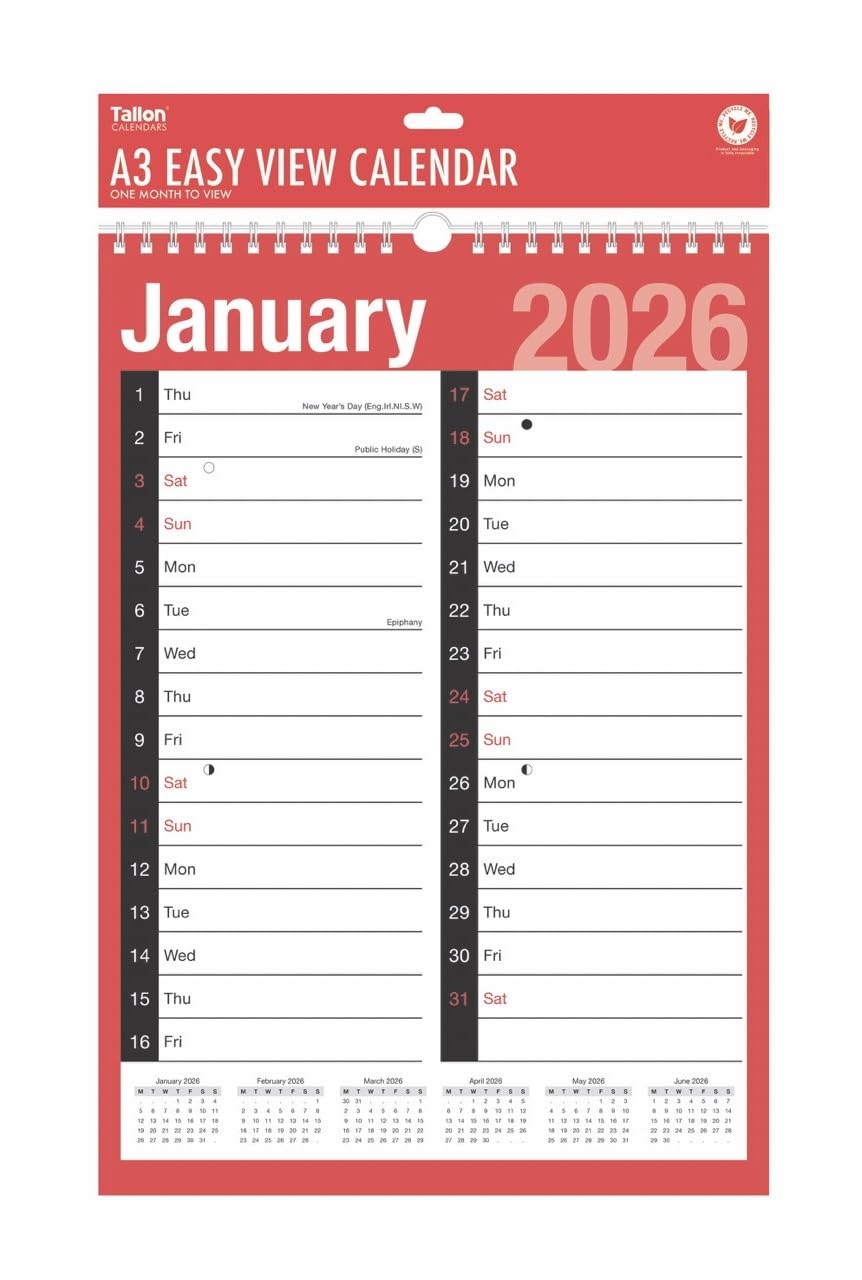 2026 A3 Extra Wide 2 Column Month To View Spiral Bound Wall Planner Calendar