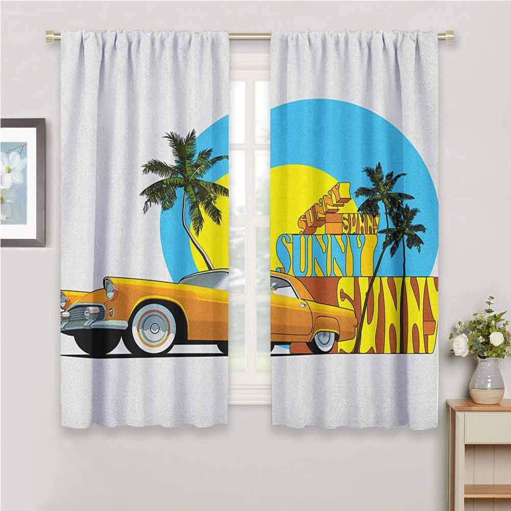 GUUVOR Retro Room Darkened Curtain Vintage Car in Magic City Miami with Exotic Coconut Trees Sunny Day Beach Insulated Room Bedroom Darkened Curtains W42 x L63 Inch Yellow Blue Orange