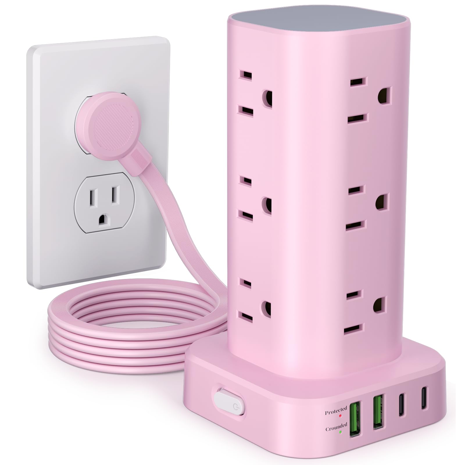 Power Strip Tower with Multiple Outlets, Flat Plug Surge Protector Tower Extension Cord with 12 AC Outlets 4 USB Ports (2 USB C), 6FT Cord Power Tower Surge Protector for Home Office Dorm Room, Pink Image