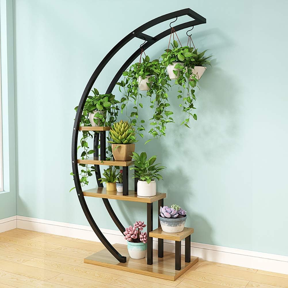 CCSUN5 Tier Plant Stand with 3 Hooks, Creative Semicircle Design Iron Wood Plant Stand Garden Decoration Display Planter Rack Shelf Organizer for Patio Home Office-Black