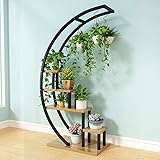 CCSUN5 Tier Plant Stand with 3 Hooks, Creative Semicircle Design Iron Wood Plant Stand Garden Decoration Display Planter Rack Shelf Organizer for Patio Home Office-Black
