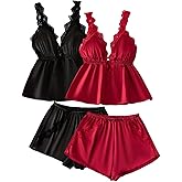 OYOANGLE Women's 2 Pack Satin Pajama Set Lace Trim V Neck Tank Top and Shorts Pjs Silky Lingerie Sleepwear