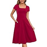 Annebouti Womens Spring Summer 2025 A-Line Square Neck Short Sleeve Semi-Formal Casual Work Midi Dress with Pockets
