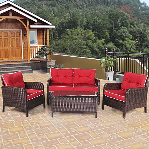 TANGKULA 4 PCS Patio Furniture Outdoor Rattan Wicker Sofa Comfortable Cushioned Seat Garden Lawn Sectional Conversation Set with Glass Top Coffee Table (red cushion)