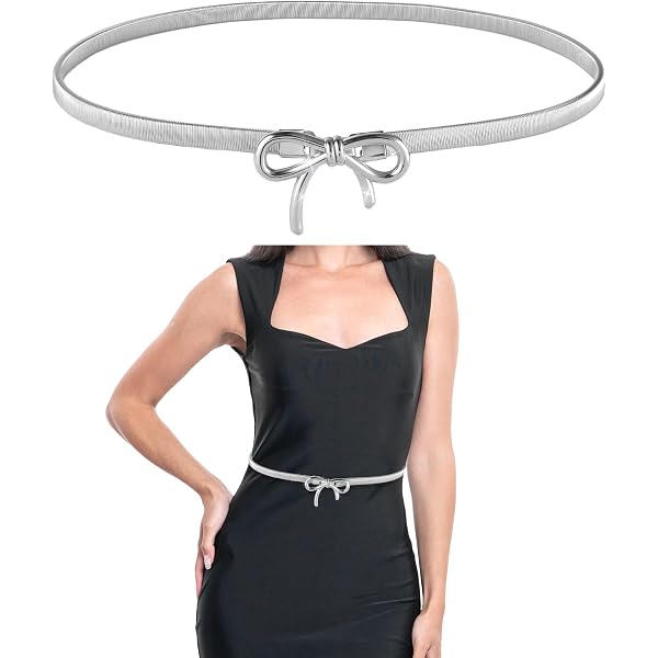 Metal Bow Belt, Silver Elastic Skinny Waist Belt Stretchy 