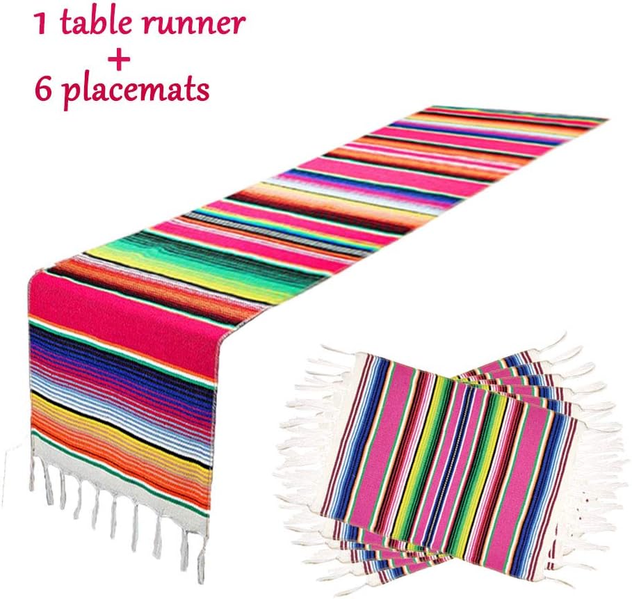 MINILIFE 14 x 84 Inch Mexican Serape Table Runner for Mexican Wedding Party Decoration, Hand-Woven Cotton Mexican Blanket Table Runner