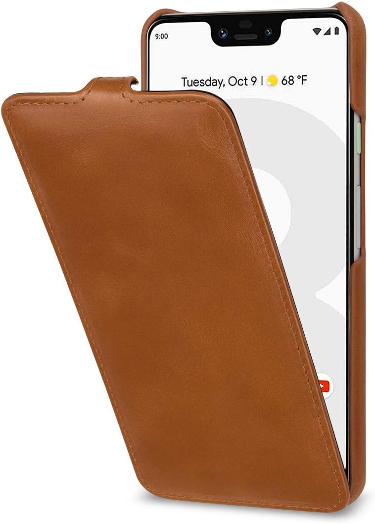 StilGut Slim Vertical Flip Case for Pixel 3 XL, Genuine Leather Google Pixel 3 XL Case, Cognac Brown