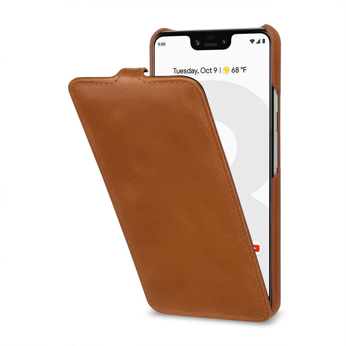 StilGut Slim Vertical Flip Case for Pixel 3 XL, Genuine Leather Google Pixel 3 XL Case, Cognac Brown