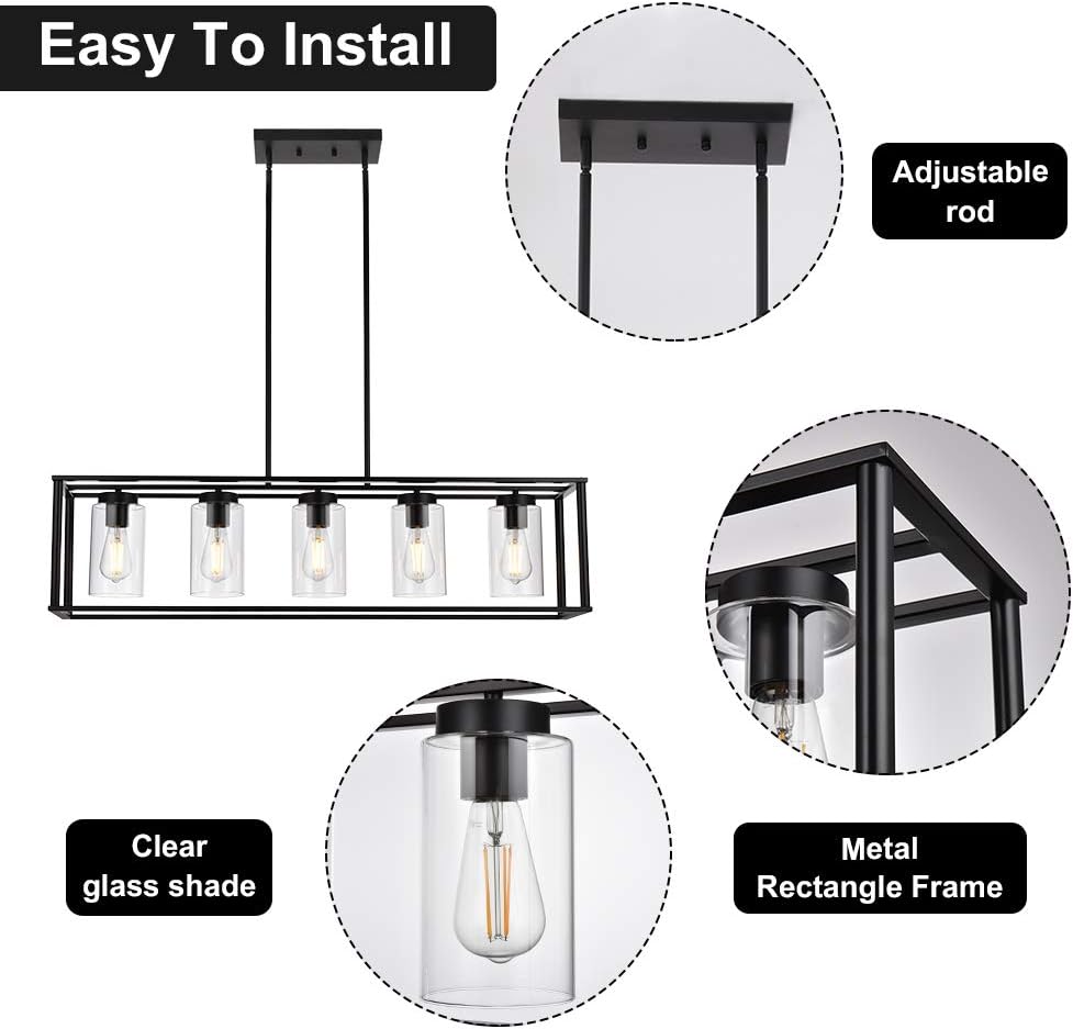 VINLUZ Farmhouse Chandeliers Rectangle Black 5 Light Dining Room Lighting Fixtures Hanging, Kitchen Island Cage Pendant Lights Contemporary Modern Ceiling Light with Glass Shade Adjustable Rods - - 