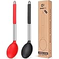 Pack of 2 Large Silicone Cooking Spoon Non Stick Solid Basting Spoons Heat-Resistant Kitchen Utensils for Mixing Serving (Black-Red)