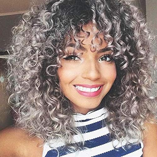 Short Curly Gray Wigs Afro Fluffy Hair Costume Cosplay Wig Natural Hair Wig Brown Roots Halloween Wigs(Gray)