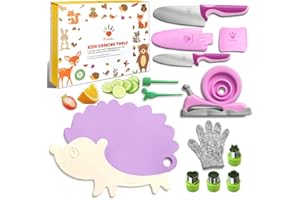 Kibbidea 13 Pcs Kids Kitchen Knife Set, Kids Cooking Sets Real With Cutting Board, Peeler, Serrated Edges Stainless Steel Toddler Safe Knife, Sandwich Cutter (Purple)