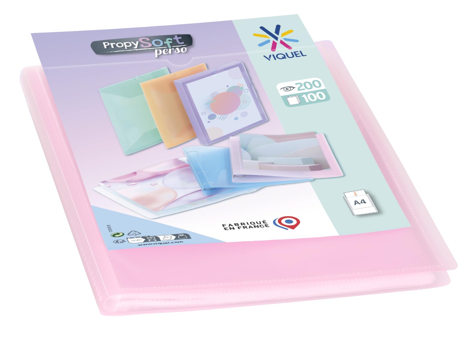Viquel - A4 200 View Display Book - Customisable Document Holder - 100 Smooth Quality Pockets - Pastel Pink