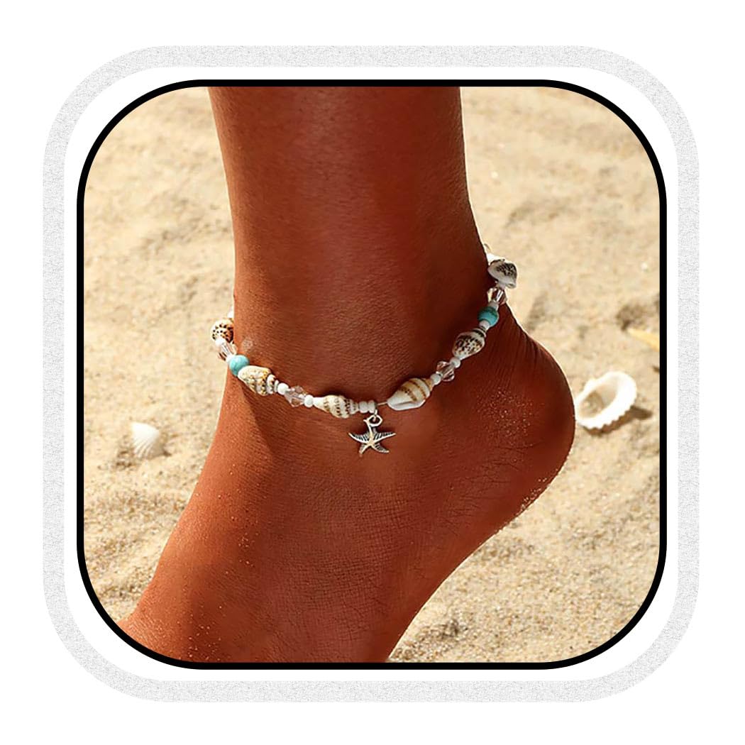 Zoestar Boho Turquoise Anklet Silver Starfish Ankle Bracelet Conch Beads Foot Chain for Women and Girls
