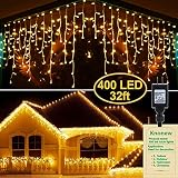 KNONEW LED Icicle Lights, 400 LEDs, 32ft, 8 Modes, Curtain Fairy Light with 75 Drops, Clear Wire LED String Decor for Christmas/Thanksgiving/Easter/Halloween/Party Backdrops Decorations (Warm White)