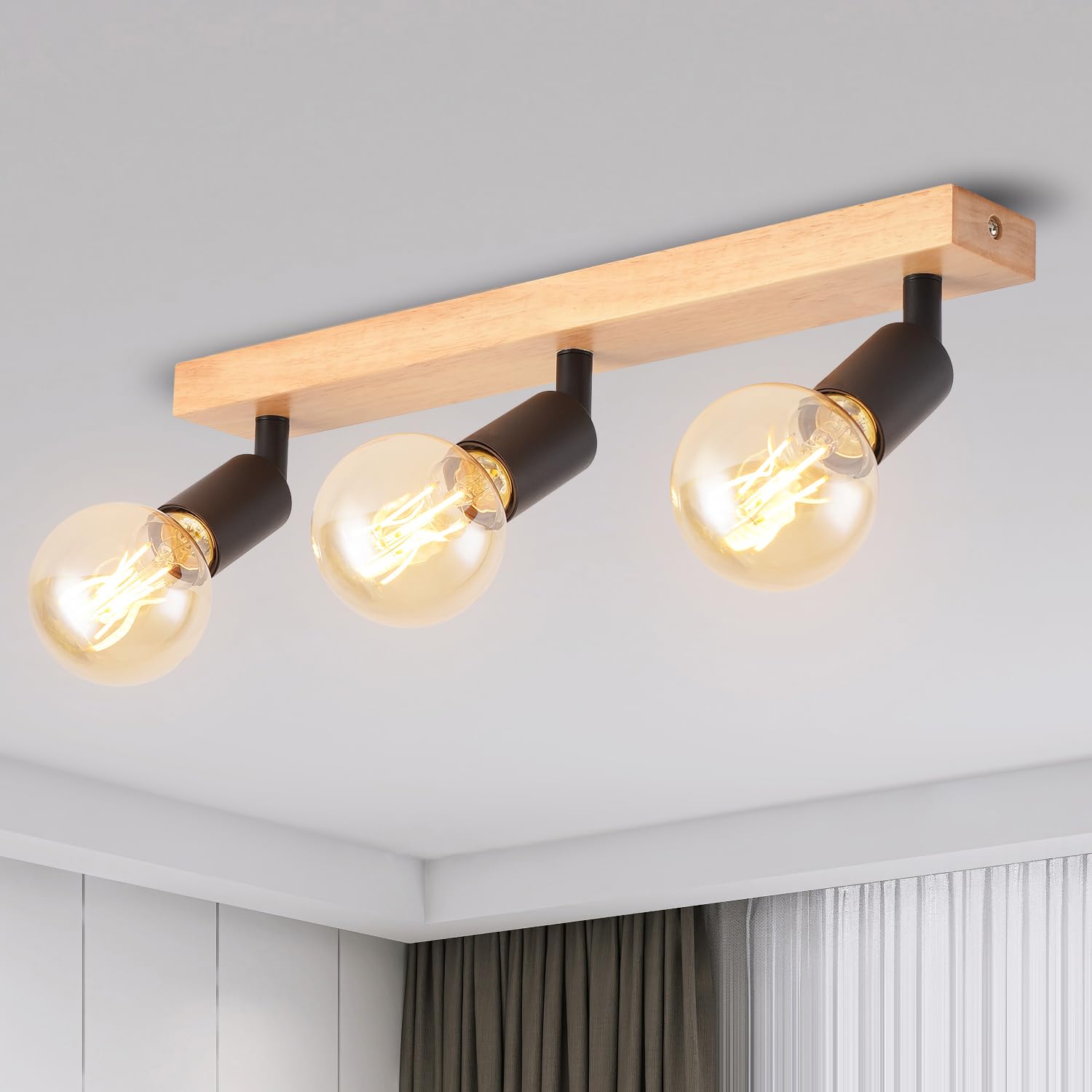 ANWIO Black Ceiling Light Fitting,3 Way Wood Spot Light Ceiling,Retro Bedroom Lights Ceilings with E27 Bases,Adjustable Kitchen Lights Ceilings(EUC-EA19- NO Bulbs)
