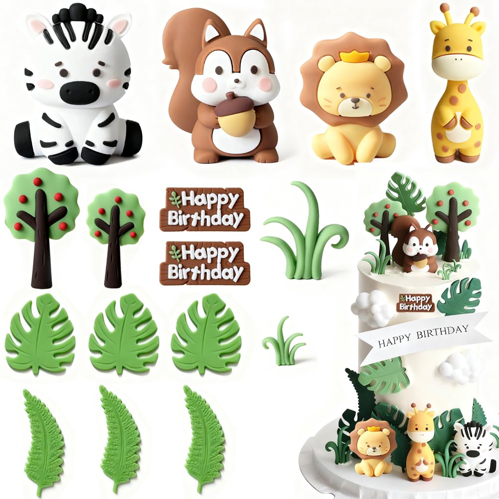 17PCS Safari Animal Cake Toppers,Jungle Wild Cake Decorations with Lion Giraffe Zebra Hippopotamus,Leaves,Safari Theme Cake Decor for Kids Shower Party — image 1