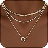 WomenGifts Layered Gold Necklaces for Women, 14K Gold Sterling Silver Plated Dainty Pendant Necklace Set with Cubic Zirconia Circle, Chunky Stackable Cuban Chain Choker, Trendy Personalized Birthstone Jewelry Gift Non Tarnish