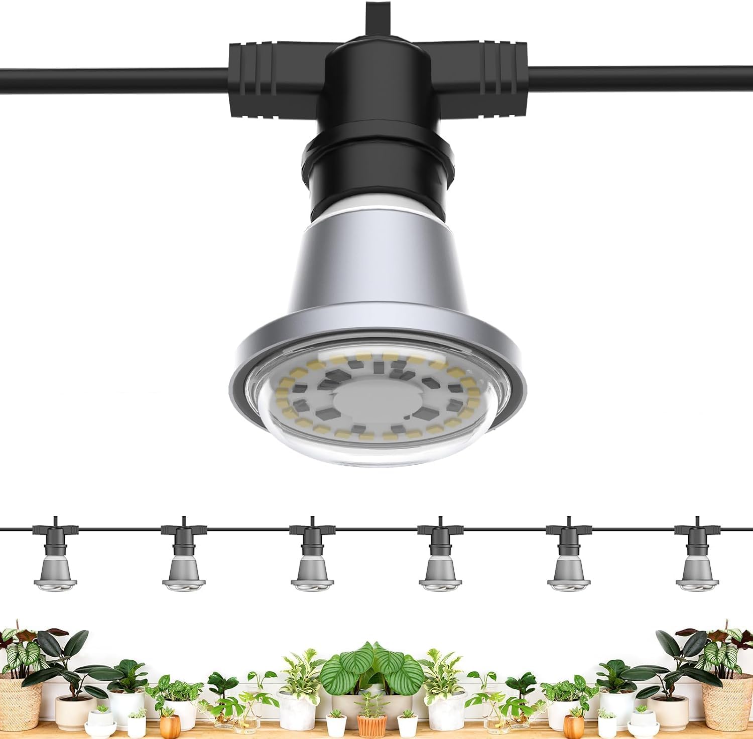 SANSI LED Grow Light for Indoor Outdoor Plants Growth, IP54 Hanging Grow Light String with 6 Replaceable IP65 Waterproof E27 Grow Bulbs 12W, Full Spectrum Plant Grow Lamp with 22ft Cord