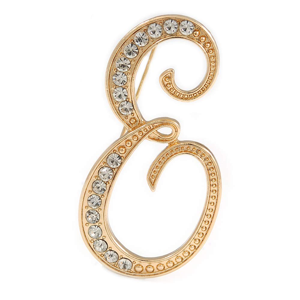 'E' Gold Plated Clear Crystal Letter E Alphabet Initial Brooch Personalised Jewellery Gift - 50mm Tall