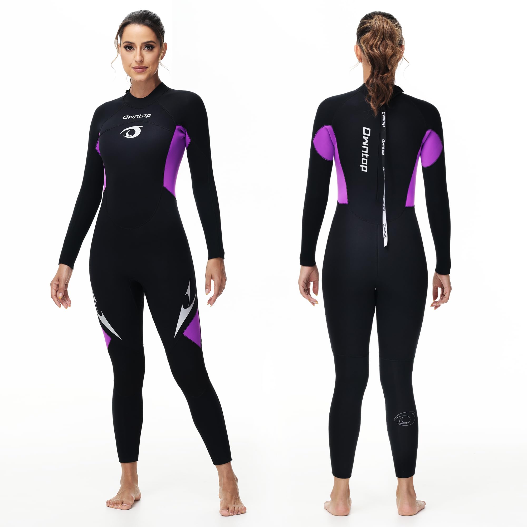 Owntop 5mm Wetsuits for Men Women - Back Zip Neoprene Diving Suit, Adult Full Length Wet Suits, Thermal Flexible Dive Skin for Cold Water Diving Surfing, Women Purple L
