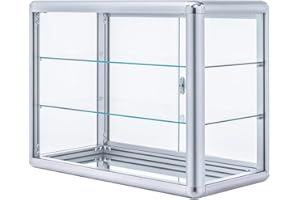 Homtique Display Case, 3 Tier Tempered Glass Counter Top Display Showcase, Silver Aluminum Frame Display Cabinet with Sliding Glass Door and Lock, 24" W x 12" D x 18" H