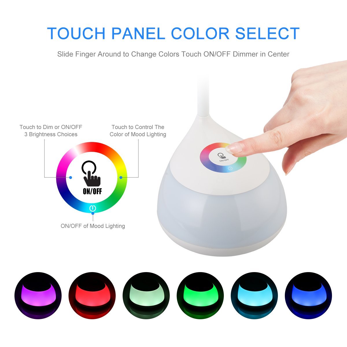 HIHIGOU Adjustable USB Rechargeable 3 Level Dimmable LED Desk Table Lamp Light with Living Color Changeable Base Touch Switch Portable and Flexible Bedside Reading Study Office Kids Student Lamp,White