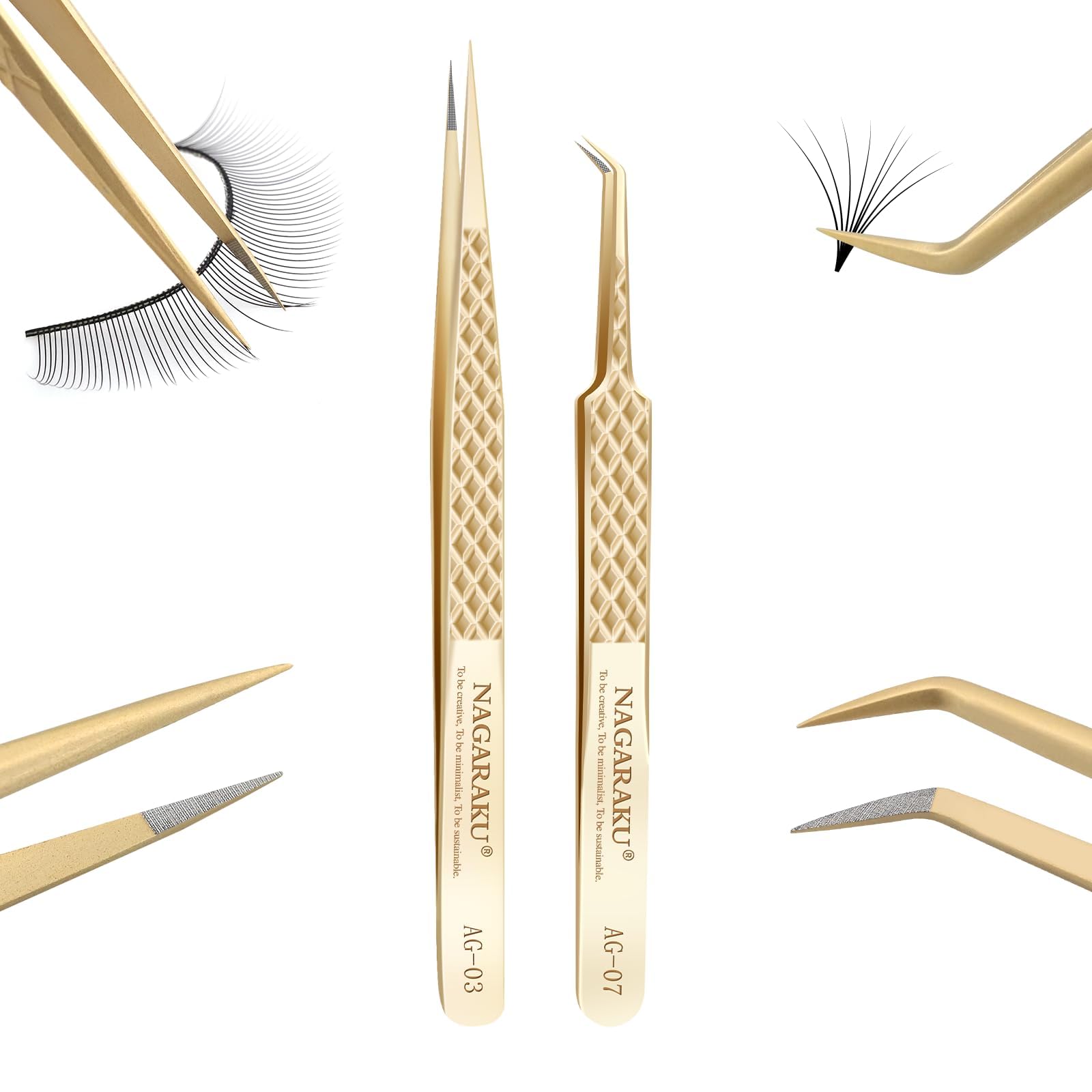 NAGARAKU 1 Pair Precision Fiber Tip Tweezer for Eyelash Extensions - Professional Eyelash Tweezers with Straight & Curved Tips - Antistatic - Isolation & Volume Lash Tweezers AG-03 & AG-07
