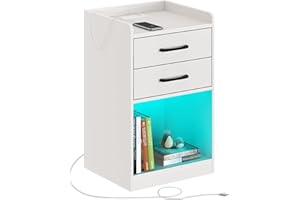 Seventable Nightstand with Charging Station and LED Lights, Modern Night Stand with 2 Drawers and Storage Open Compartment for Bedroom, White