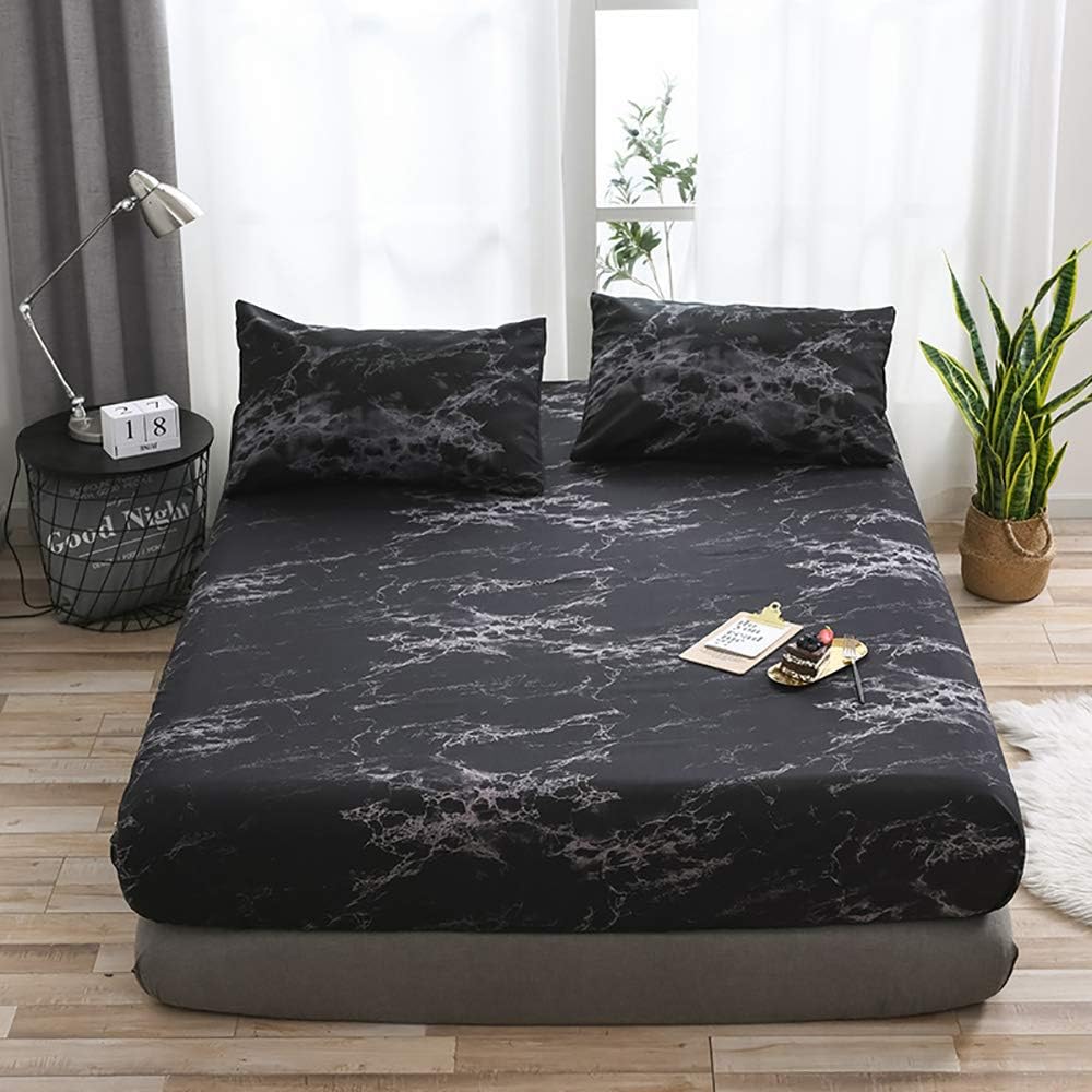 Craftwitter Marble Printed Fitted Sheet Bed Sheet Soft Deep Pocket Bedding Accessory Elastic King Black