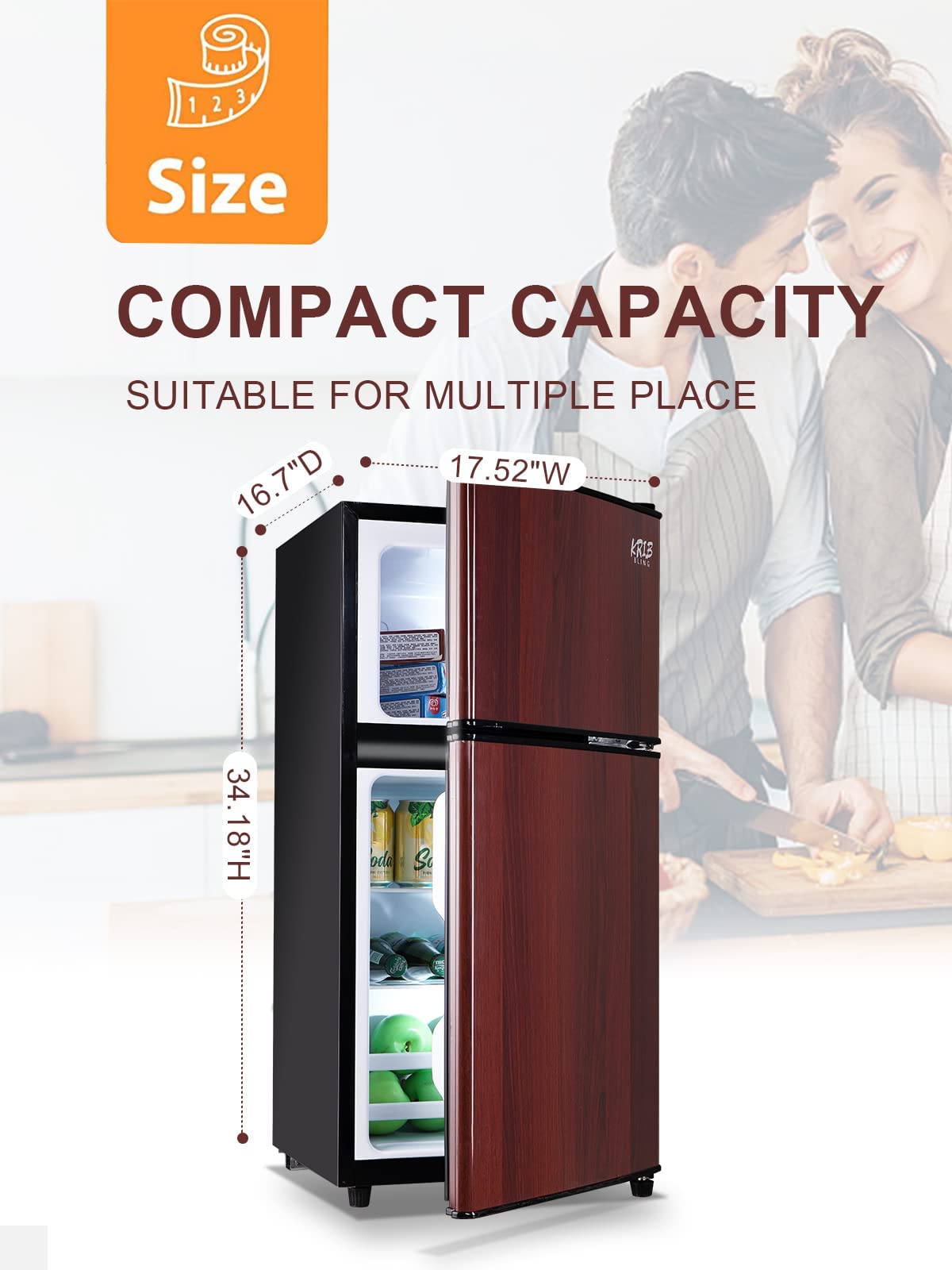 KRIB BLING Mini Fridge With Freezer,Compact Refrigerator With 2 Doors,7- Level Adjustable Thermostat, Removable Glass Shelves For Bedroom, Office, Kitchen, Apartment, Dorm,3.5 Cu. Ft Wood