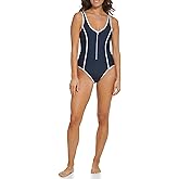 Tommy Hilfiger Womens Over The Shoulder Half Zip One Piece Swimsuit