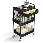 HIDODO 3 Tier Rolling Cart with Drawer, Metal Rolling Utility Cart on Wheels with Pegboard, Art Cart Storage Organizer with T