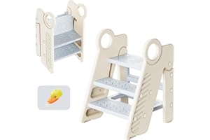 UNCLE WU Foldable Step Stool for Kids, Adjustable 3-Step Bathroom Sink Stool, Toddler Toilet Potty Training Stool with Handles, Child Kitchen Counter Helper, Non-Slip Plastic Ladder