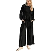Antnation Womens 2-Piece Boho Long Sleeve Smocked Top & Wide Leg Pants Set Casual Lounge Outfit with Pockets