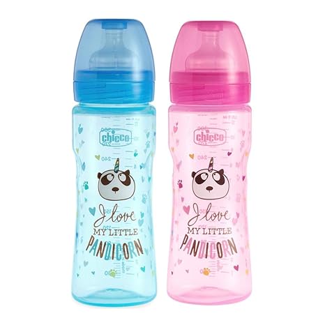 Yellow Bee Chicco Well Being PP Feeding Panda Bottle with Toothbrush (Blue and Pink, 330 ml) - Pack of 2