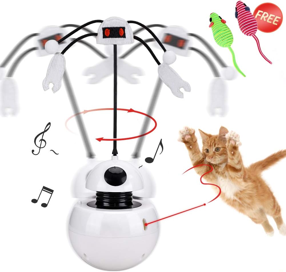 Reeple Cat Automatic Interactive Toys 3 in 1 Teaser Rotating Tumbler Pet Kitten Light Pointer Toy with Voice Multifunction Spinning Catcher Non-Handhold Fun Chaser (Feather Toys) (Spinning Toys)