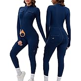 AEEZO Womens Fleece Lined Long Sleeve Cargo Zip Up Jumpsuit with Pockets Thermal Sexy Tummy Control One Piece Bodysuit