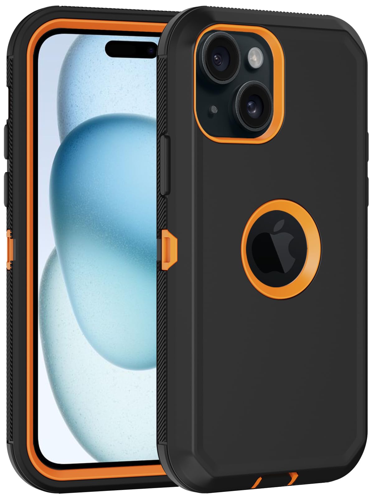 for iPhone 15 Plus Case, with Built in Screen Protector Heavy Duty Drop Protection, Full Body Rugged Shockproof Dust Proof Protective Phone Cover for Apple iPhone 15 Plus 6.7” Black/Orange