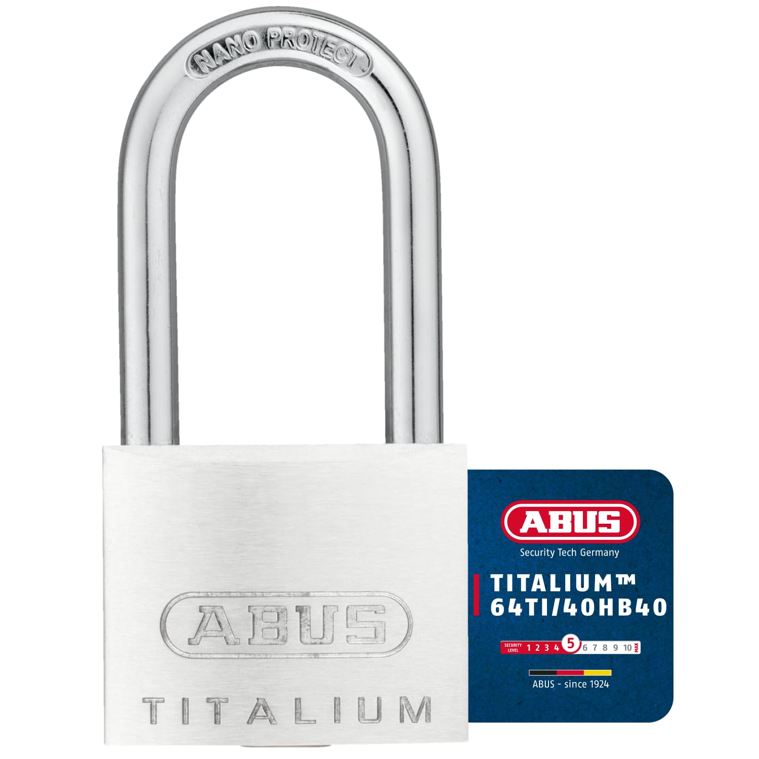 ABUS Titalium 64TI/40HB40 Padlock with high Shackle - Basement Lock with Lock Body Made of Special Aluminium - Hardened Steel Shackle - ABUS Security Level 5