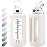 SIEROZUR 64 oz Glass Water Bottle with Straw and Handle Half Gallon Large Water Bottle with Silicone Sleeve and Time Marker Sports Water Jug Wide Mouth for Travel Gym
