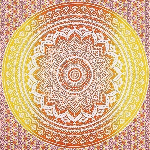 THE ART BOX Handmade Bohemian Ombre Mandala Wall Hanging – College Dorm Decor, Beach Throw, Table Cloth, Bedding Tapestry (Yellow Orange, Queen 85x90 Inches)