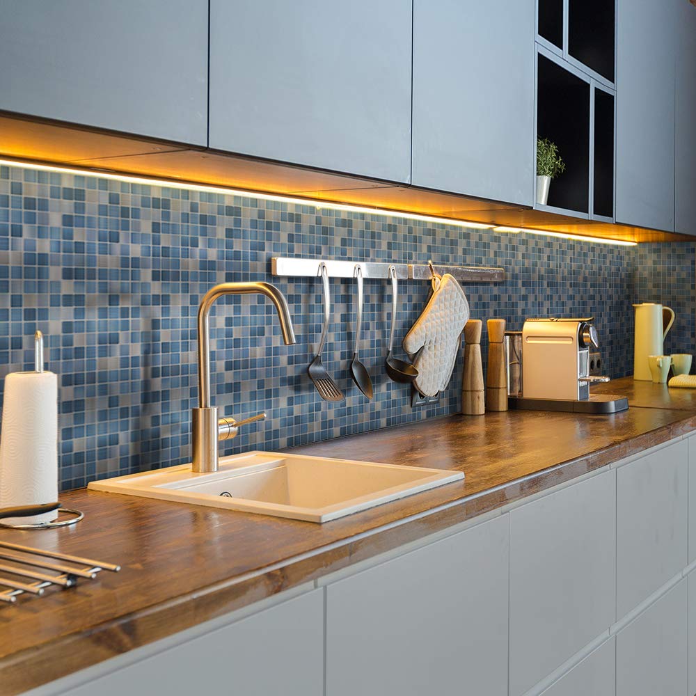 Alwayspon Wall Tile Transfers Sticker for Home Decor, Peel & Stick self-Adhesive splashback, Tile Decals for Living Room Kitchen Bathroom Decor, 25 Pieces Blue Metallic Mosaic Tile Sticker