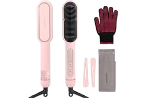 SUPBERC Negative Ionic Hair Straightener Brush with 9 Temp Settings, 30s Fast Heating Hair Straightening Comb with LED Display, Anti-Scald & Auto-Shut Off Hair Brush Straightener for Women (Pink)