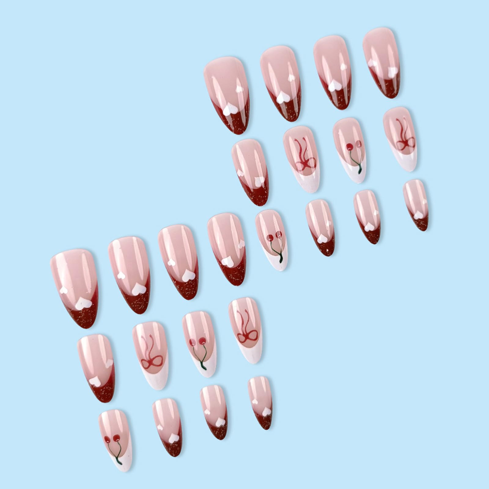 24Pcs French Tip Press on Nails Medium Almond Fake Nails with Red Cherry Bow Heart Designs Glossy False Nails Cute Acrylic Nails Gel Glue on Nails for Coquette Women Girlfriend Gift - Image 6