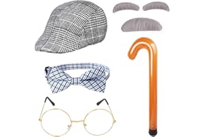 Yewong Kids Old Man Costume Grandpa Accessories Beret Hat Mustache Eyebrows Inflatable Cane Glasses Bowite Set