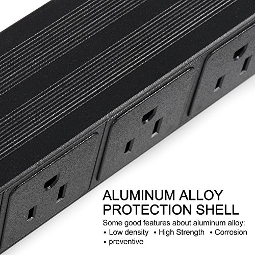 Kungfuking Aluminum Alloy Shell 7 Outlet Rack-Mount Server PDU, Power Distribution Unit, 1U/15A/110V, Power Strip with Surge Protector 6ft Power Cord (Black)