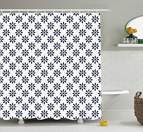 Floral Shower Curtain by Tmzcxc, Abstract Stylized Flower Petals Summer Season Elegance in Creamic Colors Pattern, Fabric Bathroom Decor Set with Hooks, Indigo White