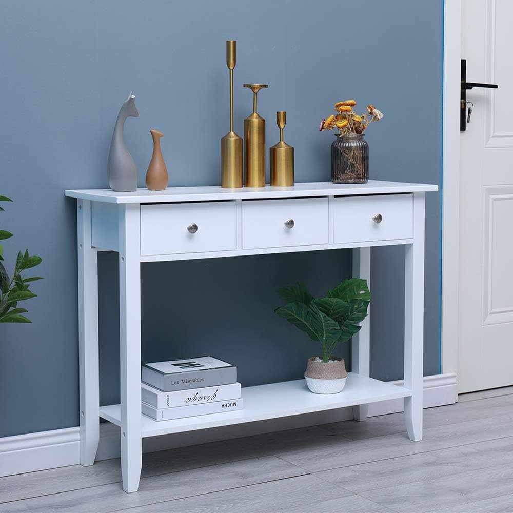 HomeSailing White 3 Drawers Console Table Corner with Storage Shelf